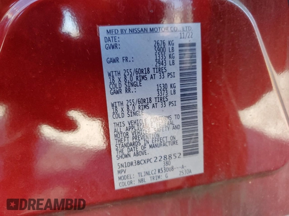 2023 Nissan Pathfinder SV z VIN 5N1DR3BCXPC228852, wystawiony jako Copart lot #47326865 z przebiegiem 73 379 mil mil oraz Szkoda całkowita • Salvage title. Historia ofert i sprzedaży dostępna na DreamBid. Obrazek 14.
