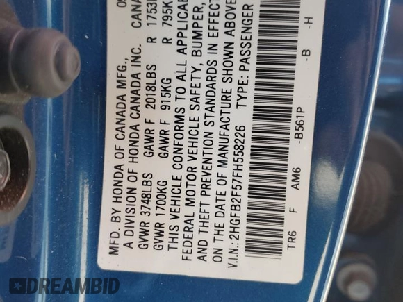 2015 Honda Civic LX with VIN 2HGFB2F57FH558226, listed as a Copart auction lot 54951525 with Not provided miles and Salvage title. Bid and sale history available at DreamBid. Image 12.