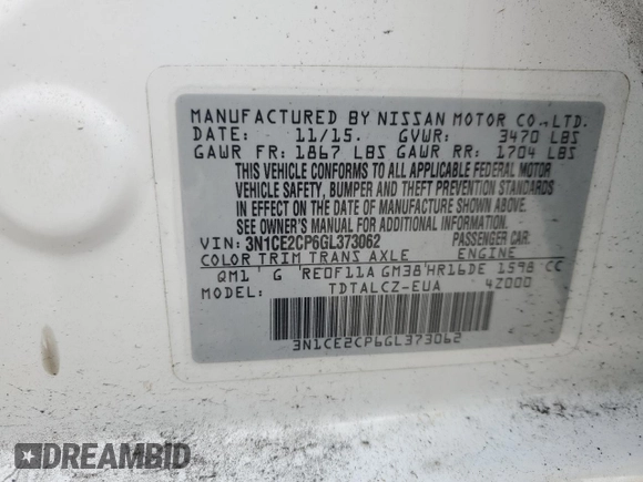 2016 Nissan Note S with VIN 3N1CE2CP6GL373062, listed as a Copart auction lot 62566765 with 155,337 mi miles and Clean title. Bid and sale history available at DreamBid. Image 13.