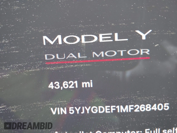 2021 Tesla Model Y Performance with VIN 5YJYGDEF1MF268405, listed as a IAAI auction lot 41818331 with 43,621 mi miles and . Bid and sale history available at DreamBid. Image 15.