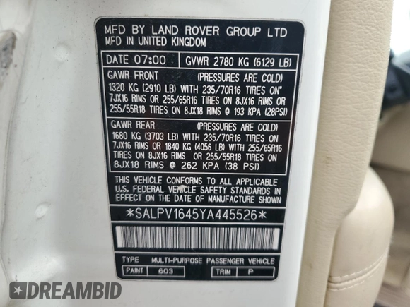 2000 Land Rover Range Rover z VIN SALPV1645YA445526, wystawiony jako Copart lot #59591285 z przebiegiem 158 729 mil mil oraz Szkoda całkowita • Salvage title. Historia ofert i sprzedaży dostępna na DreamBid. Obrazek 13.