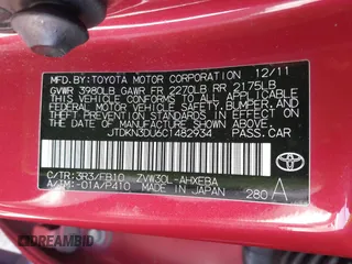 2012 Toyota Prius One with VIN JTDKN3DU6C1482934, listed as a IAAI auction lot 42196243 with 172,250 mi miles and . Bid and sale history available at DreamBid. Image 9.
