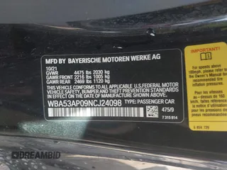 2022 BMW 4 Series 430i with VIN WBA53AP09NCJ24098, listed as a IAAI auction lot 41395007 with 34,062 mi miles and . Bid and sale history available at carsss.com. Image 9.