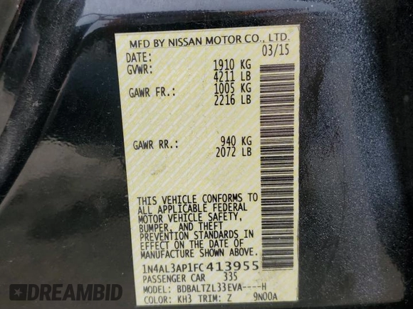 2015 Nissan Altima SL with VIN 1N4AL3AP1FC413955, listed as a Copart auction lot 58166355 with 147,368 mi miles and Salvage title. Bid and sale history available at DreamBid. Image 12.