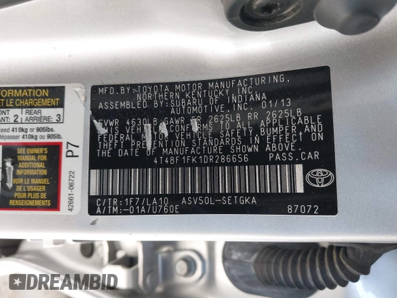 2013 Toyota Camry L with VIN 4T4BF1FK1DR286656, listed as a IAAI auction lot 41795168 with 88,172 mi miles. Bid and sale history available at carsss.com. Image 9.