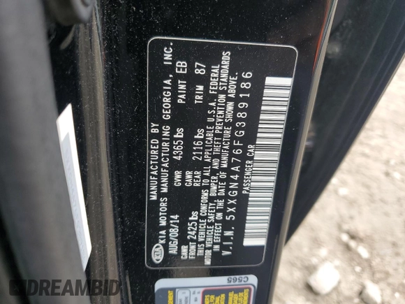 2015 Kia Optima EX with VIN 5XXGN4A76FG389186, listed as a Copart auction lot 63968605 with 73,598 mi miles and Clean title. Bid and sale history available at DreamBid. Image 13.