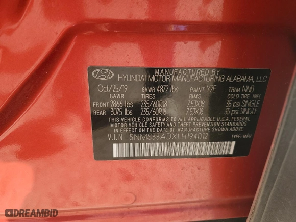 2020 Hyundai Santa Fe SEL with VIN 5NMS33ADXLH194012, listed as a Copart auction lot 47840965 with 75,368 mi miles and Salvage Title. Bid and sale history available at carsss.com. Image 15.