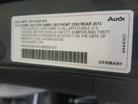 2017 Audi A4 Premium Plus with VIN WAUENAF43HN000187, listed as a Copart auction lot 49889395 with 126,897 mi miles and Salvage Title. Bid and sale history available at carsss.com. Image 13.