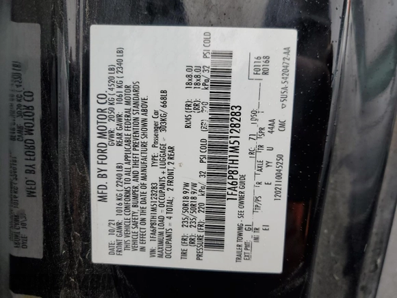 2021 Ford Mustang EcoBoost with VIN 1FA6P8TH1M5128283, listed as a Copart auction lot 53375735 with 52,908 mi miles and Salvage Title. Bid and sale history available at carsss.com. Image 12.