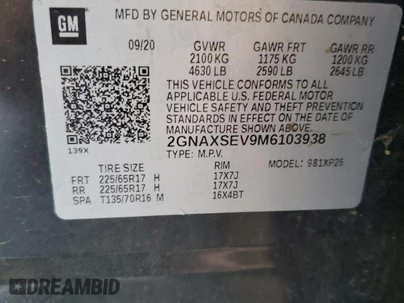 2021 Chevrolet Equinox LS z VIN 2GNAXSEV9M6103938, wystawiony jako Copart lot #59067965 z przebiegiem Nie podano mil oraz Szkoda całkowita • Salvage title. Historia ofert i sprzedaży dostępna na DreamBid. Obrazek 13.