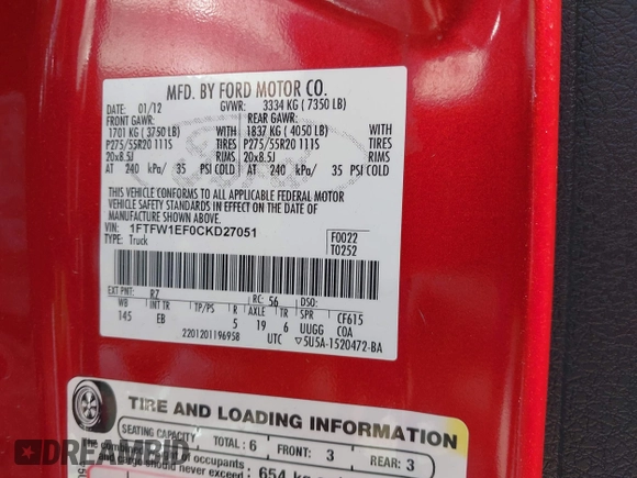 2012 Ford F-150 XL with VIN 1FTFW1EF0CKD27051, listed as a IAAI auction lot 42576649 with 219,237 mi miles and . Bid and sale history available at DreamBid. Image 9.
