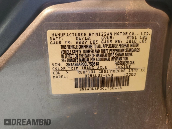 2012 Nissan Sentra 2.0 z VIN 3N1AB6AP0CL750618, wystawiony jako Copart lot #54515535 z przebiegiem 127 177 mil mil oraz Szkoda całkowita • Salvage title. Historia ofert i sprzedaży dostępna na DreamBid. Obrazek 13.