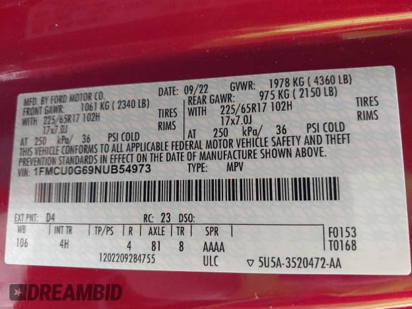 2022 Ford Escape SE with VIN 1FMCU0G69NUB54973, listed as a IAAI auction lot 42476092 with 42,838 mi miles and . Bid and sale history available at DreamBid. Image 9.