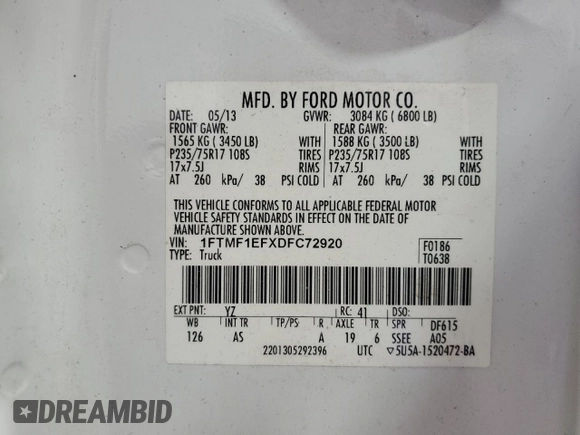 2013 Ford F-150 XL with VIN 1FTMF1EFXDFC72920, listed as a Copart auction lot 60628185 with 103,002 mi miles and Clean title. Bid and sale history available at DreamBid. Image 12.