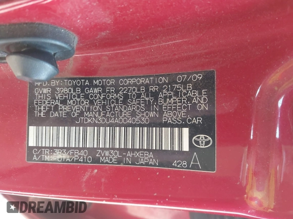 2010 Toyota Prius II with VIN JTDKN3DU4A0040530, listed as a IAAI auction lot 41868220 with 257,601 mi miles and . Bid and sale history available at DreamBid. Image 9.