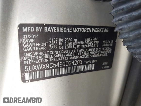 2014 BMW X3 xDrive28i with VIN 5UXWX9C54E0D34283, listed as a IAAI auction lot 41868866 with 71,839 mi miles and . Bid and sale history available at DreamBid. Image 9.