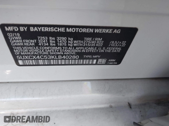 2019 BMW X7 xDrive50i z VIN 5UXCX4C53KLB40280, wystawiony jako IAAI lot #39936228 z przebiegiem Nie podano mil oraz . Historia ofert i sprzedaży dostępna na DreamBid. Obrazek 9.