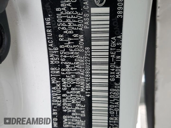 2016 Toyota Avalon Limited with VIN 4T1BK1EB8GU227258, listed as a Copart auction lot 53635075 with 105,041 mi miles and Salvage Title. Bid and sale history available at DreamBid. Image 13.