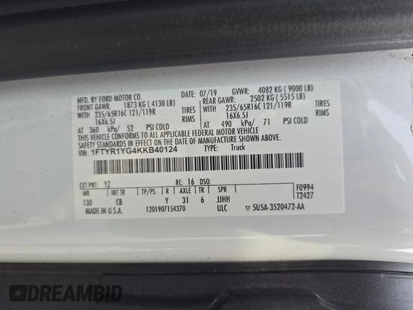 2019 Ford Transit with VIN 1FTYR1YG4KKB40124, listed as a IAAI auction lot 42624627 with 119,375 mi miles and . Bid and sale history available at DreamBid. Image 7.