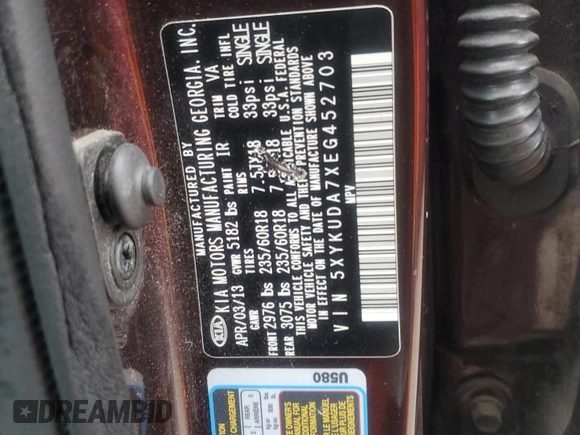 2014 Kia Sorento EX with VIN 5XYKUDA7XEG452703, listed as a Copart auction lot 47835975 with 155,333 mi miles and Salvage title. Bid and sale history available at DreamBid. Image 13.