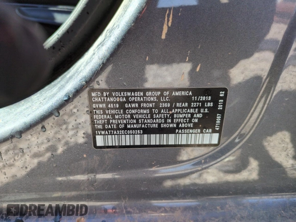 2014 Volkswagen Passat S with VIN 1VWAT7A32EC050253, listed as a Copart auction lot 55683255 with 122,329 mi miles and Salvage title. Bid and sale history available at DreamBid. Image 13.