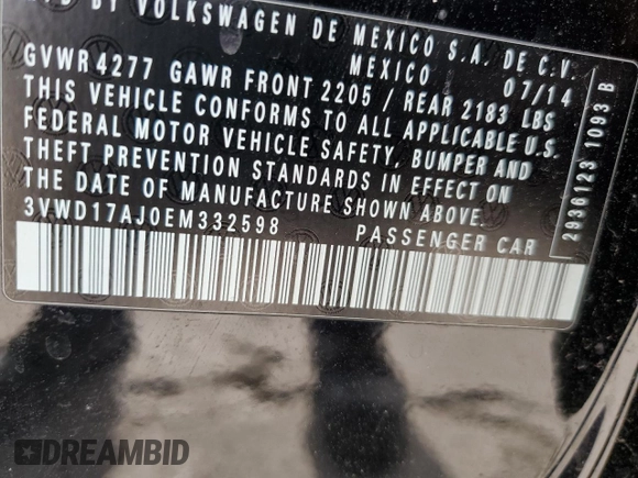2014 Volkswagen Jetta SE с VIN 3VWD17AJ0EM332598, выставлен на аукционе Copart как лот 52392395 с пробегом 66 389 миль миль и Списание • Salvage title. История ставок и продаж доступна на DreamBid. Изображение 12.