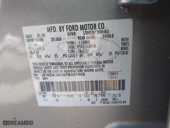 2007 Ford Edge SEL with VIN 2FMDK38C67BA51602, listed as a IAAI auction lot 41810176 with 220,281 mi miles. Bid and sale history available at carsss.com. Image 9.