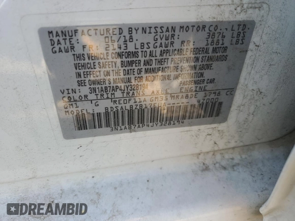 2018 Nissan Sentra SR with VIN 3N1AB7AP4JY328194, listed as a Copart auction lot 52175375 with 124,002 mi miles and Salvage Title. Bid and sale history available at DreamBid. Image 13.