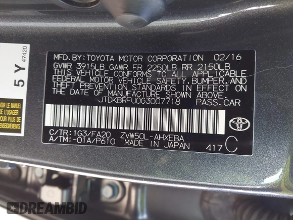 2016 Toyota Prius Two with VIN JTDKBRFU0G3007718, listed as a IAAI auction lot 41923304 with 96,847 mi miles and . Bid and sale history available at DreamBid. Image 9.