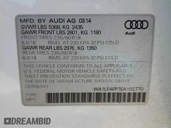 2014 Audi Q5 Premium Plus with VIN WA1LFAFP7EA102770, listed as a Copart auction lot 53556245 with 106,483 mi miles and Salvage Title. Bid and sale history available at carsss.com. Image 12.