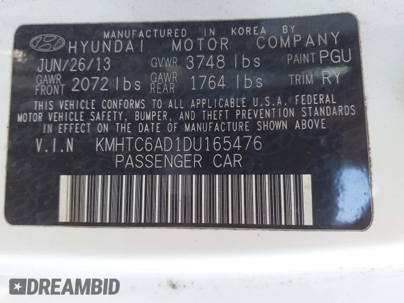 2013 Hyundai Veloster w/Gray Int with VIN KMHTC6AD1DU165476, listed as a IAAI auction lot 42242540 with 201,732 mi miles and . Bid and sale history available at DreamBid. Image 9.