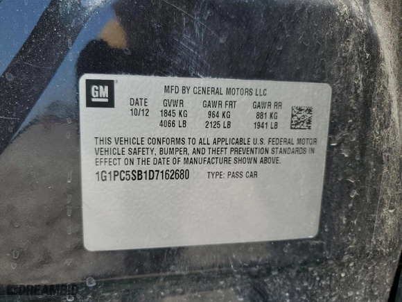 2013 Chevrolet Cruze 1LT with VIN 1G1PC5SB1D7162680, listed as a Copart auction lot 52589715 with 187,034 mi miles and Salvage Title. Bid and sale history available at carsss.com. Image 12.
