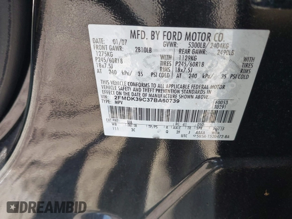 2007 Ford Edge SEL PLUS with VIN 2FMDK39C37BA60739, listed as a IAAI auction lot 41811847 with 171,696 mi miles. Bid and sale history available at carsss.com. Image 9.