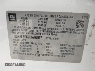 2013 GMC Terrain SLE with VIN 2GKALSEK9D6262537, listed as a IAAI auction lot 42583906 with 216,707 mi miles and . Bid and sale history available at DreamBid. Image 9.