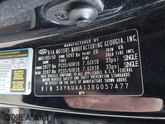 2011 Kia Sorento EX with VIN 5XYKU4A13BG057477, listed as a IAAI auction lot 41512528 with 127,923 mi miles. Bid and sale history available at carsss.com. Image 9.
