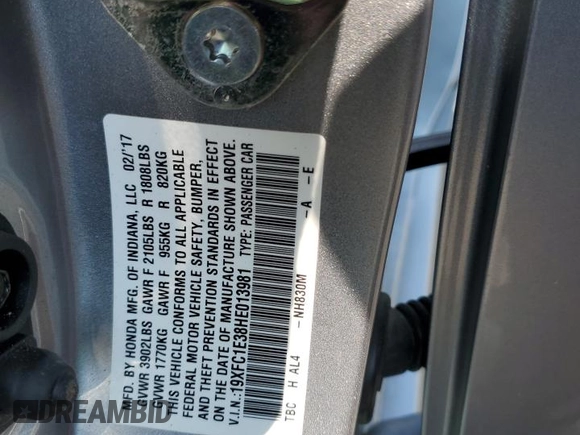 2017 Honda Civic EX-T with VIN 19XFC1E38HE013981, listed as a Copart auction lot 69820144 with 114,893 mi miles and Salvage Title. Bid and sale history available at DreamBid. Image 12.