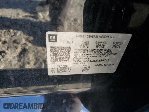 2020 Chevrolet Tahoe LS with VIN 1GNSCAKC1LR184711, listed as a Copart auction lot 78476004 with 109,240 mi miles and Salvage title. Bid and sale history available at DreamBid. Image 15.