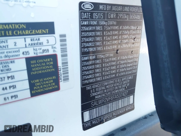 2015 Land Rover Range Rover Sport HSE with VIN SALWR2VF6FA537427, listed as a IAAI auction lot 41598915 with 134,639 mi miles. Bid and sale history available at carsss.com. Image 9.