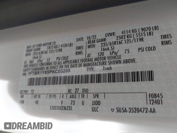 2023 Ford Transit Cargo с VIN 1FTBR1Y85PKC03205, выставлен на аукционе IAAI как лот 42113154 с пробегом 17 338 миль миль и . История ставок и продаж доступна на DreamBid. Изображение 9.