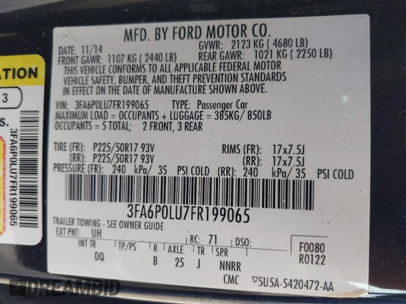 2015 Ford Fusion SE Hybrid with VIN 3FA6P0LU7FR199065, listed as a IAAI auction lot 41944181 with 197,020 mi miles. Bid and sale history available at carsss.com. Image 9.