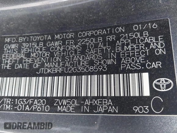 2016 Toyota Prius Two z VIN JTDKBRFU2G3508593, wystawiony jako IAAI lot #42248961 z przebiegiem 54 043 mil mil oraz . Historia ofert i sprzedaży dostępna na DreamBid. Obrazek 9.