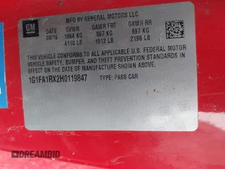 2017 Chevrolet Camaro 1LT z VIN 1G1FA1RX2H0119847, wystawiony jako IAAI lot #41936497 z przebiegiem 125 711 mil mil oraz . Historia ofert i sprzedaży dostępna na DreamBid. Obrazek 9.