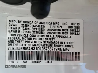 2013 Honda CR-V LX with VIN 5J6RM4H31DL057887, listed as a Copart auction lot 55720285 with 104,656 mi miles and Salvage Title. Bid and sale history available at DreamBid. Image 14.