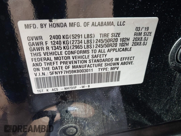 2019 Honda Passport EX-L with VIN 5FNYF7H59KB003011, listed as a IAAI auction lot 41563219 with 78,239 mi miles and . Bid and sale history available at carsss.com. Image 9.