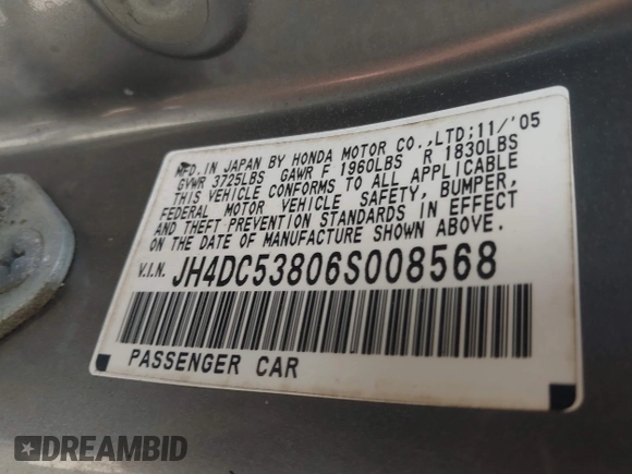 2006 Acura RSX with VIN JH4DC53806S008568, listed as a IAAI auction lot 41942905 with 254,298 mi miles and . Bid and sale history available at DreamBid. Image 9.