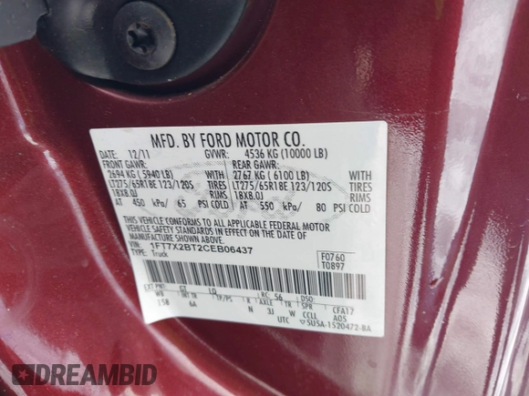 2012 Ford F-250 XL z VIN 1FT7X2BT2CEB06437, wystawiony jako IAAI lot #41473285 z przebiegiem 89 179 mil mil oraz . Historia ofert i sprzedaży dostępna na DreamBid. Obrazek 9.