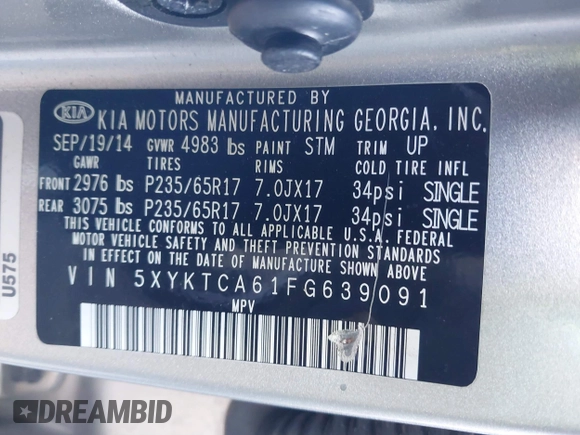 2015 Kia Sorento LX with VIN 5XYKTCA61FG639091, listed as a IAAI auction lot 41093306 with 71,768 mi miles. Bid and sale history available at carsss.com. Image 9.