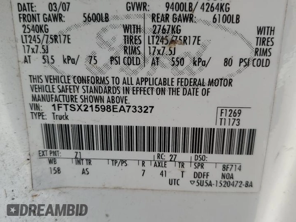 2008 Ford F-250 XL with VIN 1FTSX21598EA73327, listed as a Copart auction lot 61251425 with 216,694 mi miles and Salvage title. Bid and sale history available at DreamBid. Image 12.