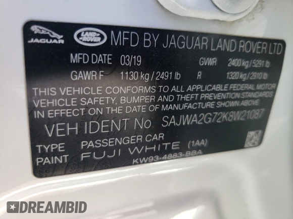 2019 Jaguar XJ Portfolio with VIN SAJWA2G72K8W21087, listed as a Copart auction lot 66017344 with 22,671 mi miles and Salvage Title. Bid and sale history available at DreamBid. Image 12.