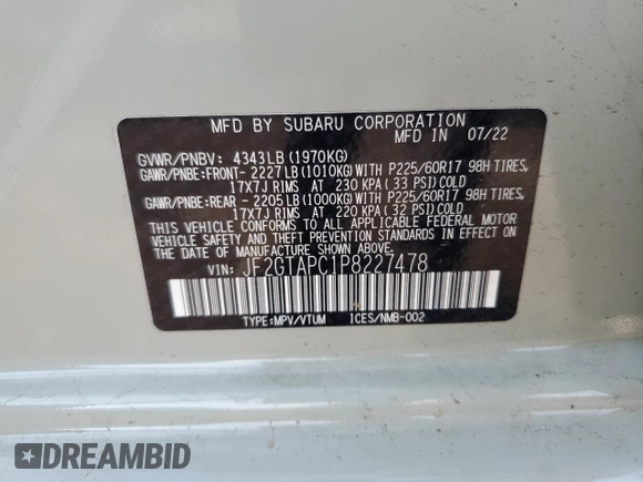 2023 Subaru Crosstrek Premium with VIN JF2GTAPC1P8227478, listed as a Copart auction lot 62399995 with 22,789 mi miles and Salvage title. Bid and sale history available at DreamBid. Image 14.